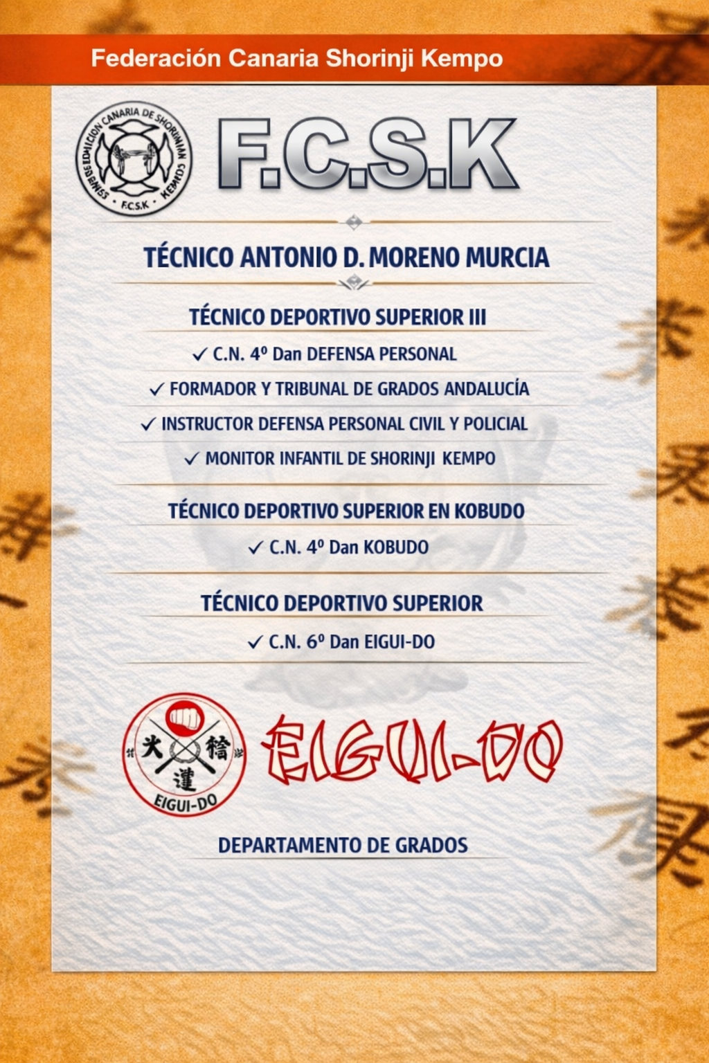 Certificación F.C.S.K. Técnico Antonio D. Moreno Murcia